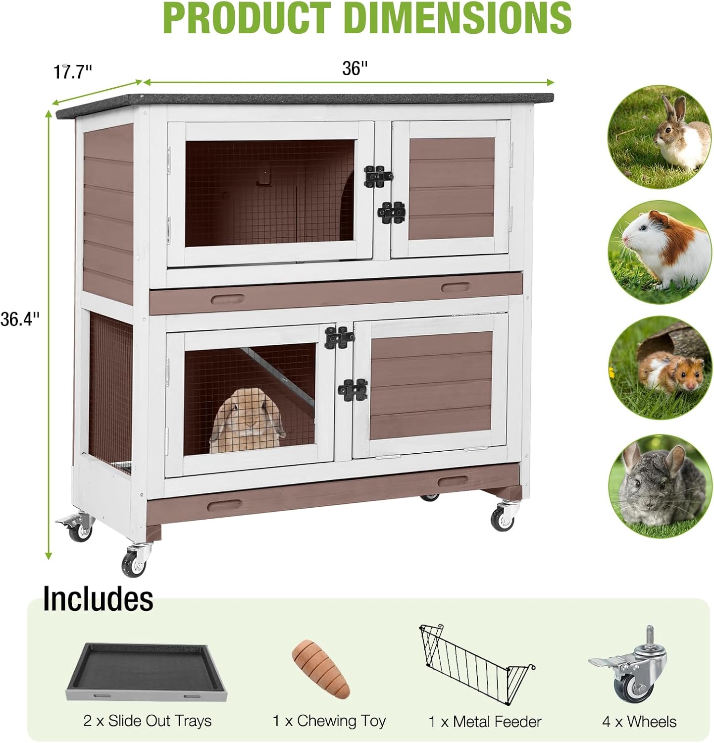 GUTINNEEN Rabbit Hutch Indoor with Chew-Proof Design, Wooden Bunny Cage Guinea Pig Cages with Lockable Wheels, Leak-Proof Trays for 1-3 Rabbits, Guinea Pigs, Small Animals (Brown)