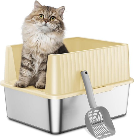 Zarler Stainless Steel Litter Box for Kittens, Small Cat Litter Boxes 17" L x 13" W x 11.8" H, Metal Kitty Litter Box with High Sides, Yellow (Non-Sticky, Easy to Clean, Anti-Urine Leakage)