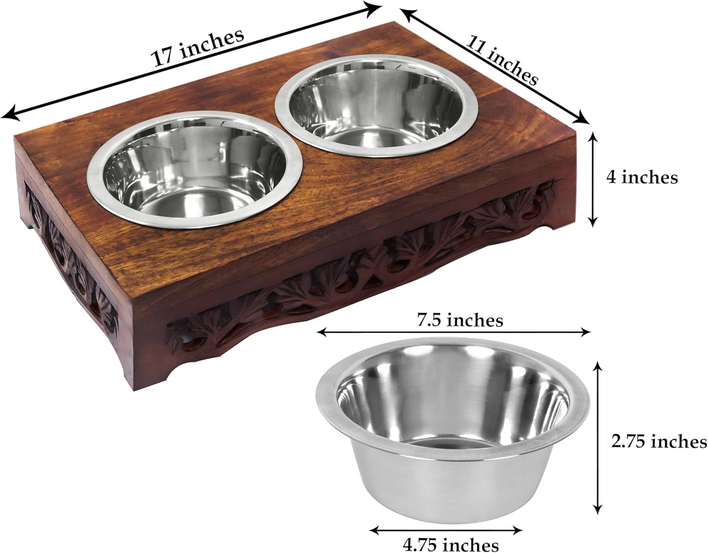 Elevated Pet Feeder for Dogs and Cats - Scroll Carved Wood Raised Dog Bowl Stand - Pet Feeding Stand with Two Steel Bowls - Raised Dog Bowl for Food and Water - Pet Feeding Station -17x11x4- IRONGATE