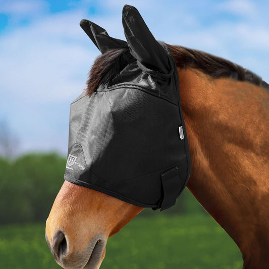 Harrison Howard UV-proof Multi-Function Fabrics Thick Fleece Padding Horse Fly Mask Half Face with Ears Black Horse Large