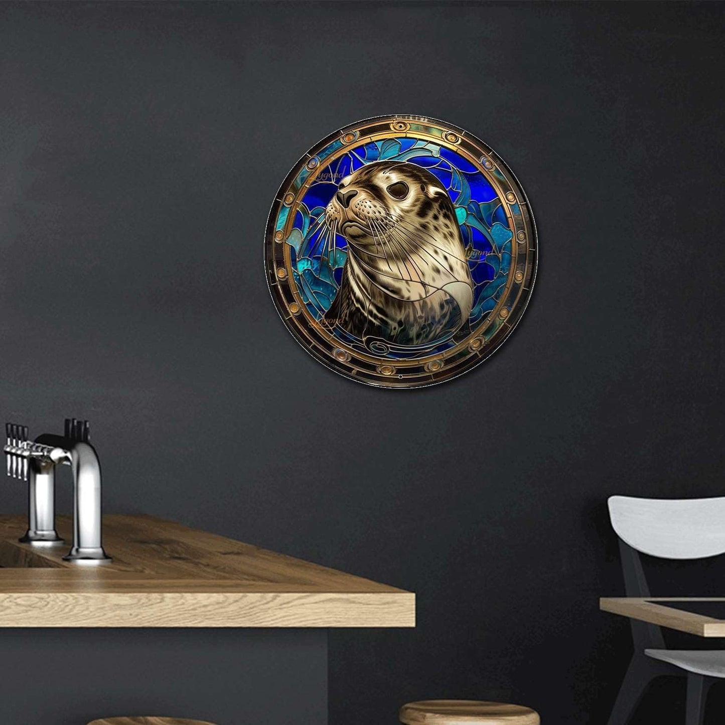 Lygond Metal Sign Tin Sign Circular Stained Glass Harbor Tin Sig For Home Decor 8×8 Inches