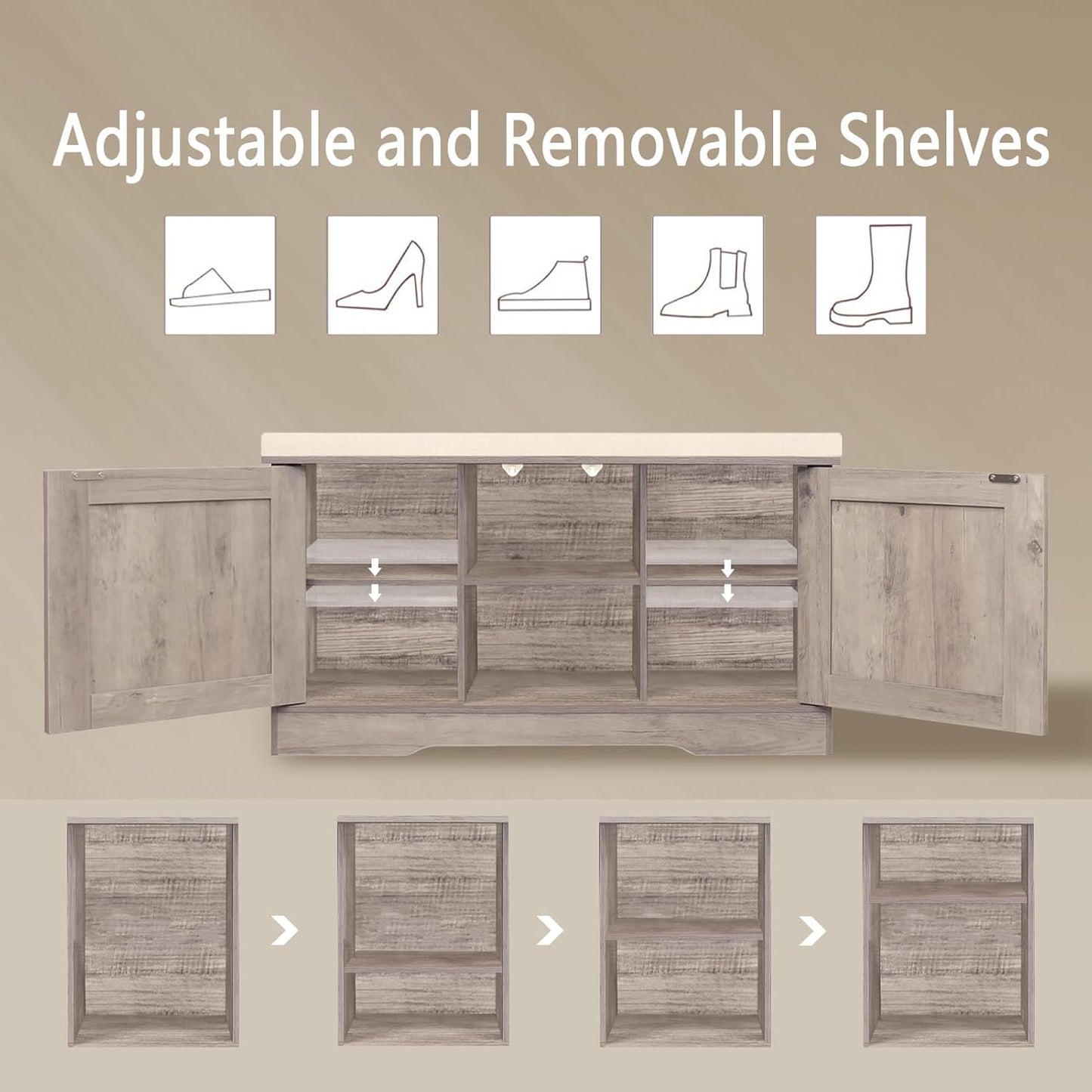 DINZI LVJ Shoe Bench, Entryway Storage Bench with Doors, Cushion, 2-Tier Shoe Rack with 6-Cubby, 31.5”L x 13.8”W Shoe Organizer Cabinet, Adjustable Shelf, Living Room, Bedroom, Greige