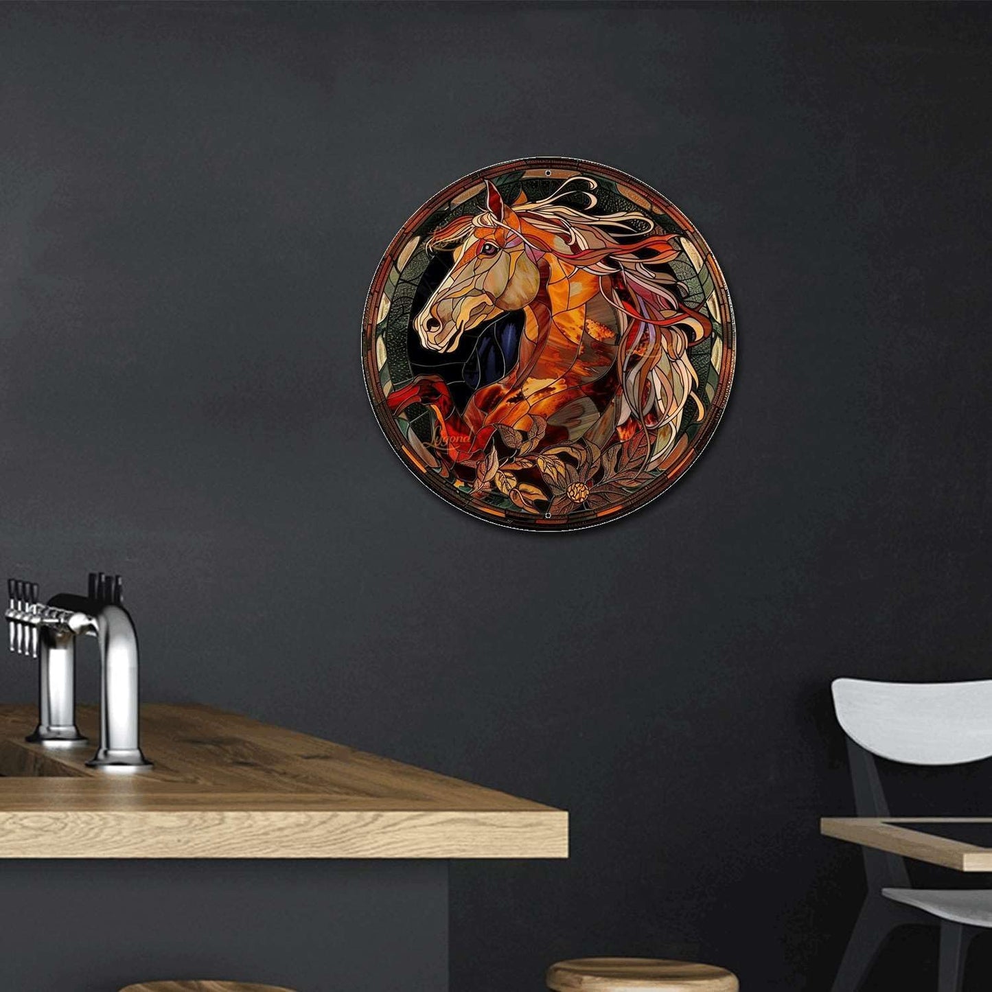 Lygond Metal Sign Tin Sign Circular Stained Glass Horse Gardening Poster for Pet 8×8 Inches