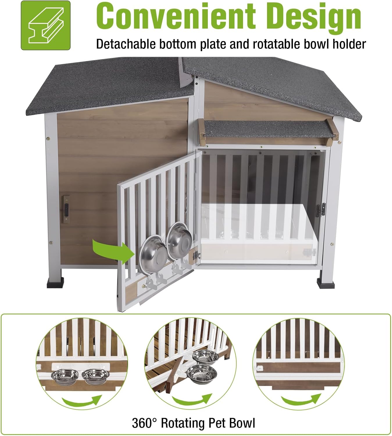 GUTINNEEN Dog House Outdoor Dog Kennel with Chew-Proof Metal Frame, Rotating Food Bowl, PVC Door Curtain, Weatherproof for Small Medium Dogs, 39.7" L x 25.5" D x 32.2" H (Light Brown)