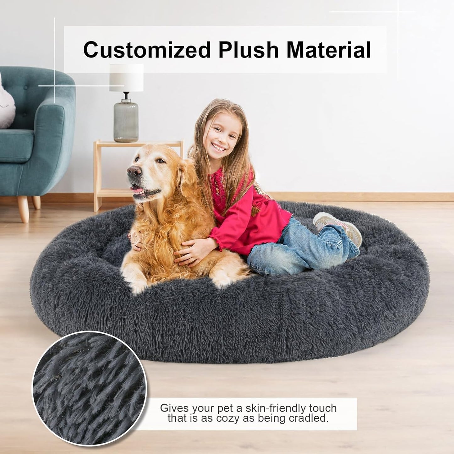 Dog Bed, Cat Calming Bed, Faux Fur Pillow Pet Donut Cuddler Round Plush Bed for Large Medium Small Dogs and Cats (Dark Grey, 49.0" L x 38.0" W x 7.0" Th)