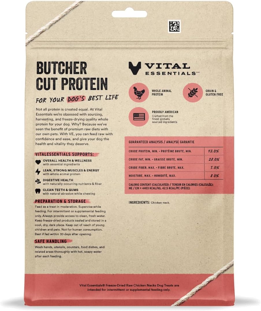 Vital Essentials Chicken Necks Dog Treats, 9 oz | Freeze-Dried Raw | Single Ingredient | Premium Quality High Protein Training Treats | Grain Free, Gluten Free, Filler Free