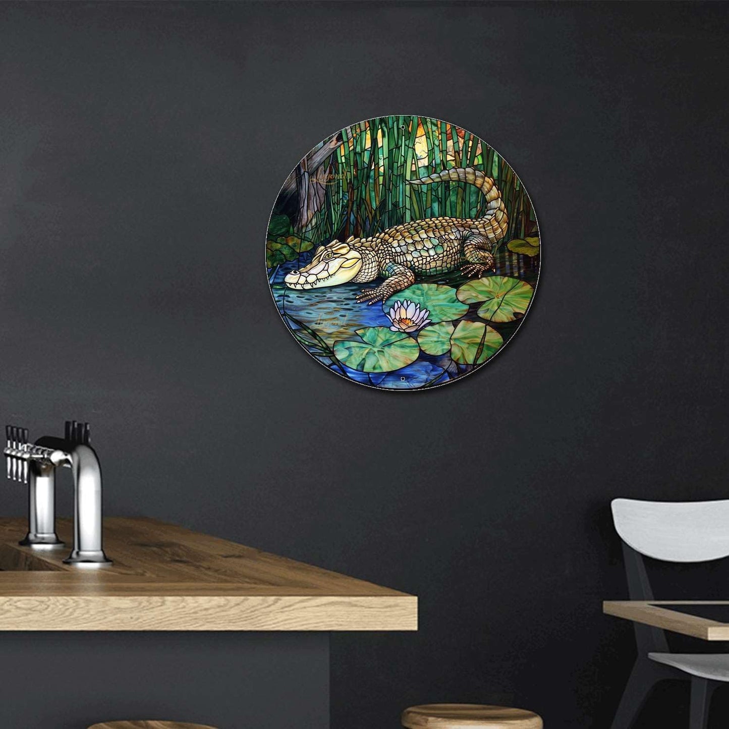 Lygond Metal Sign Tin Sign Circular Stained Glass Crocodile Restroom Tin Sign for Yard 12×12 Inches