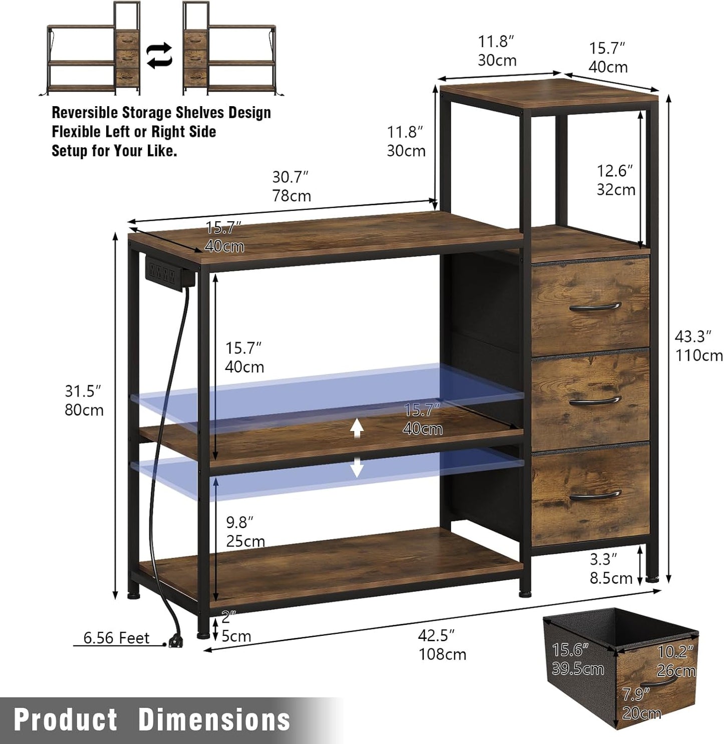 20 Gallon Aquarium Stand with Power Outlets Fish Tank Stand with 3 Drawers Metal Frame Heavy Duty Reptile Tank Stand with 3-Tier Storage Shelves,Left/Right Assembly, Adjustment Height