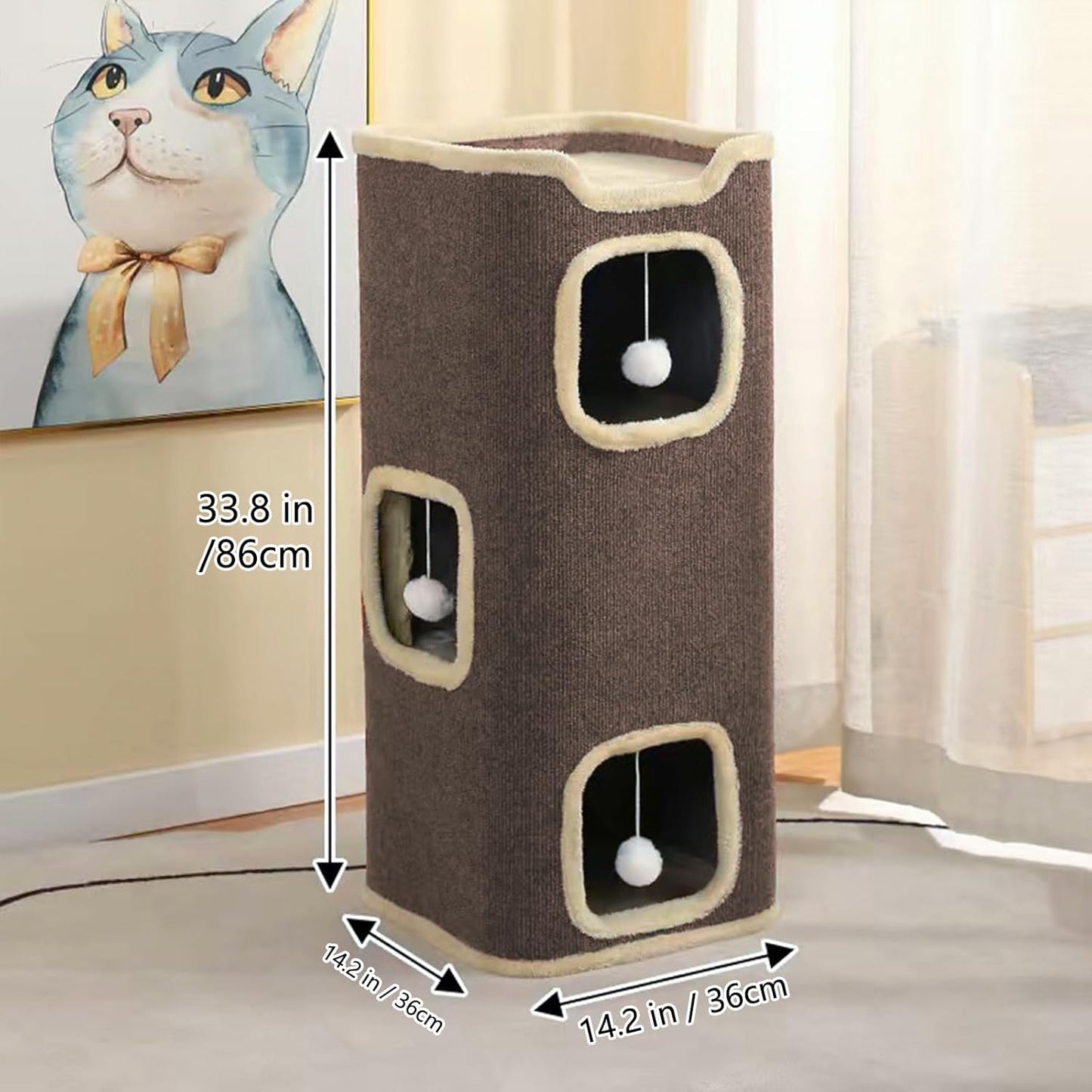 Empet Cat House for Indoor Cats Beds, Multi-Level Cat Condo, Foldable Cave Bed Brown, (3-Level)