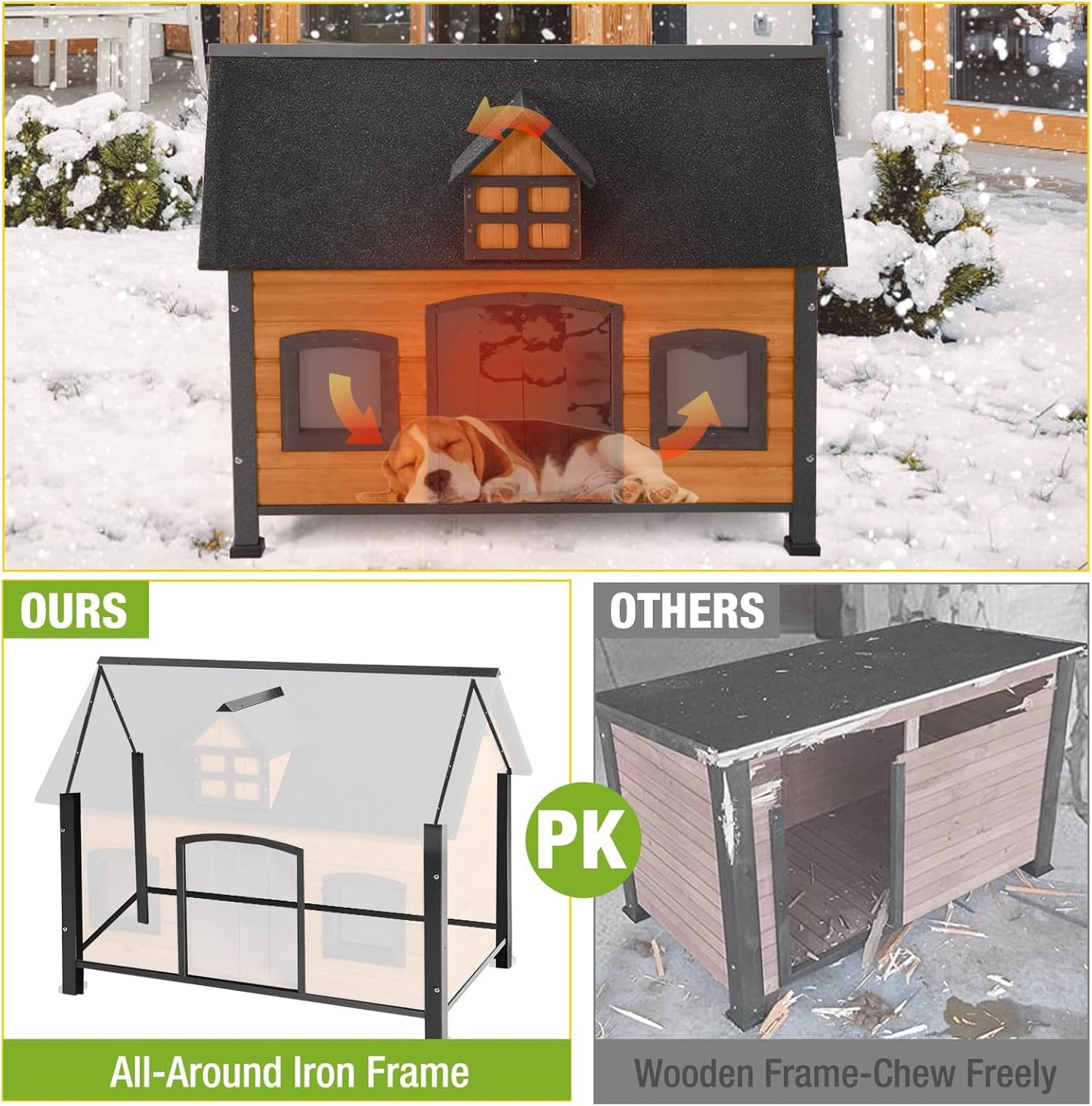 GUTINNEEN Dog House Outdoor with Strong Metal Frame Insulated Dog Kennel for Small Medium Large Dogs Puppy Cage for Winter Weatherproof