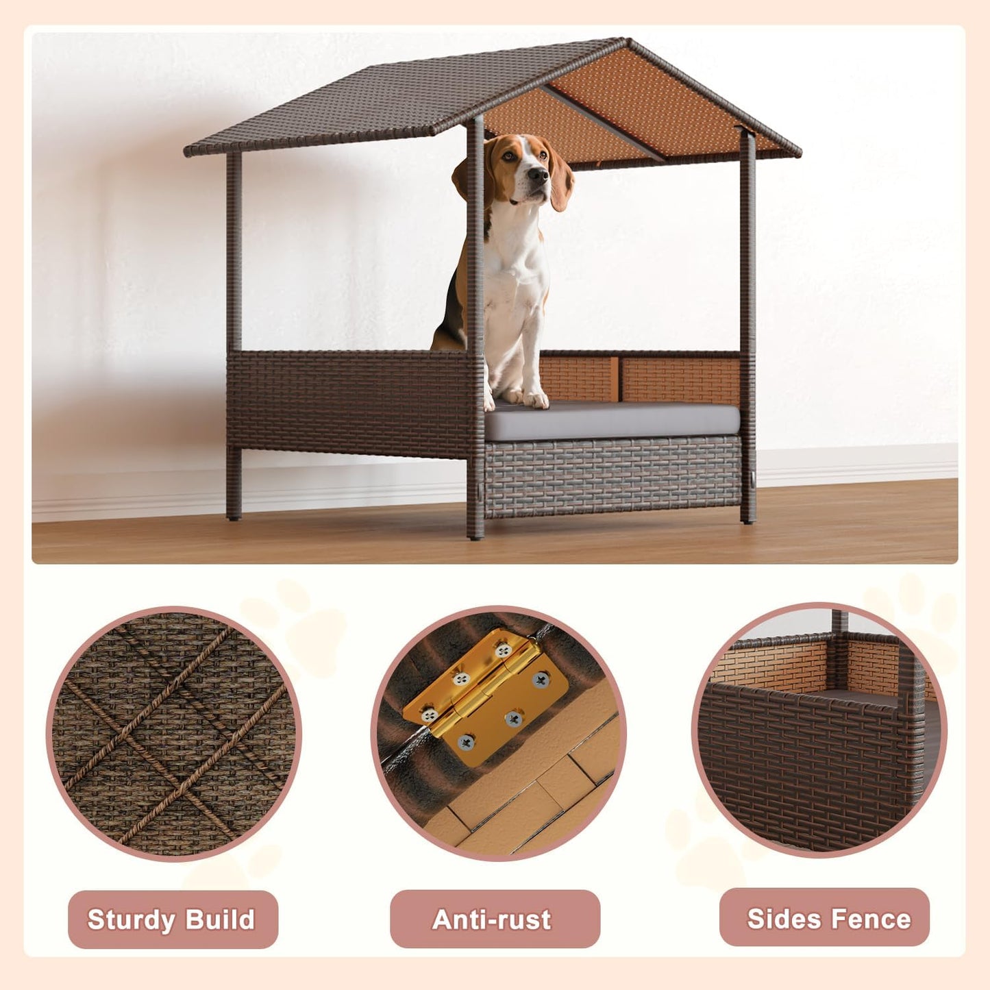 LEMBERI Outdoor Rattan Dog House with Canopy, Indoor Dog Bed for Small/Medium Dogs with Removable Cushion, Washable Cover, Dog Shelter for Patio, Deck, Yard, Pool, Brown