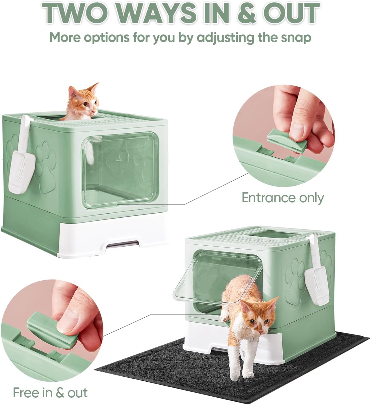 Cat Litter Box with X-Large Litter Mat and Scoop, Large Foldable Litter Box with Lid, Enclosed Kitty Box,Front Top Entry Exit, Odor Control Easy to Clean (Upgrade Green)
