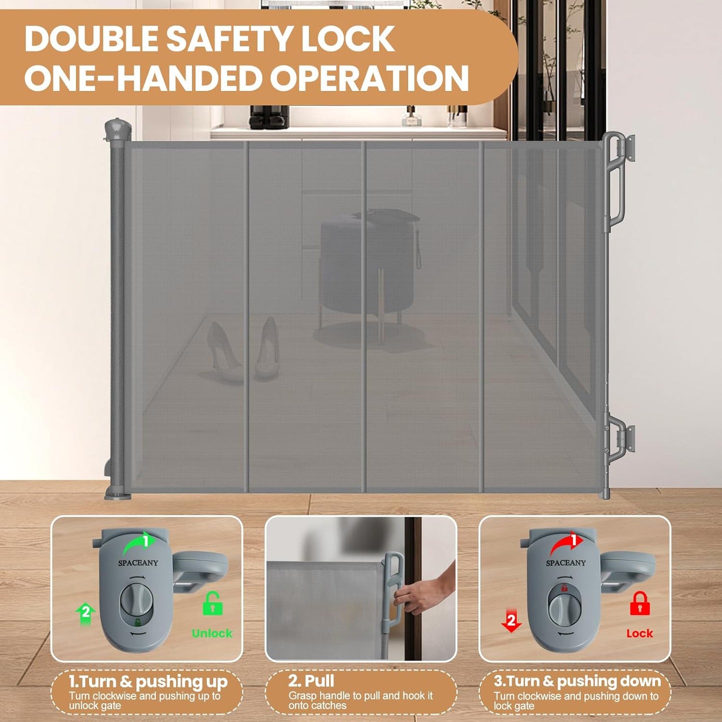 Reinforced Retractable Baby Gate, Mesh Dog Gate, Child Safety Gate for Doorways, Stairs, Hallways, Indoor/Outdoor, Wide Openings -33.5" Tall, Width up to 55" Gray