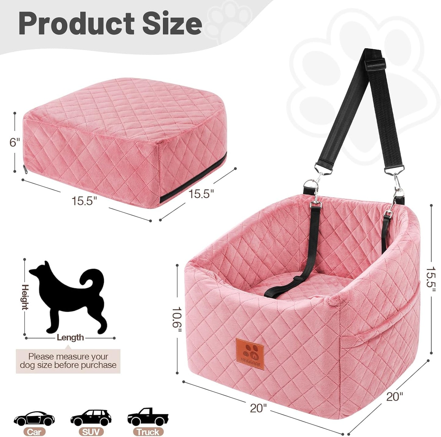 Dog Car Seat for Small Medium Dogs, Memory Foam Pet Booster Seat for Dogs up to 35 lbs, Elevated Dog Carseat, Travel Safety Bed with Washable Removable Cover and Storage Pockets (Pink)