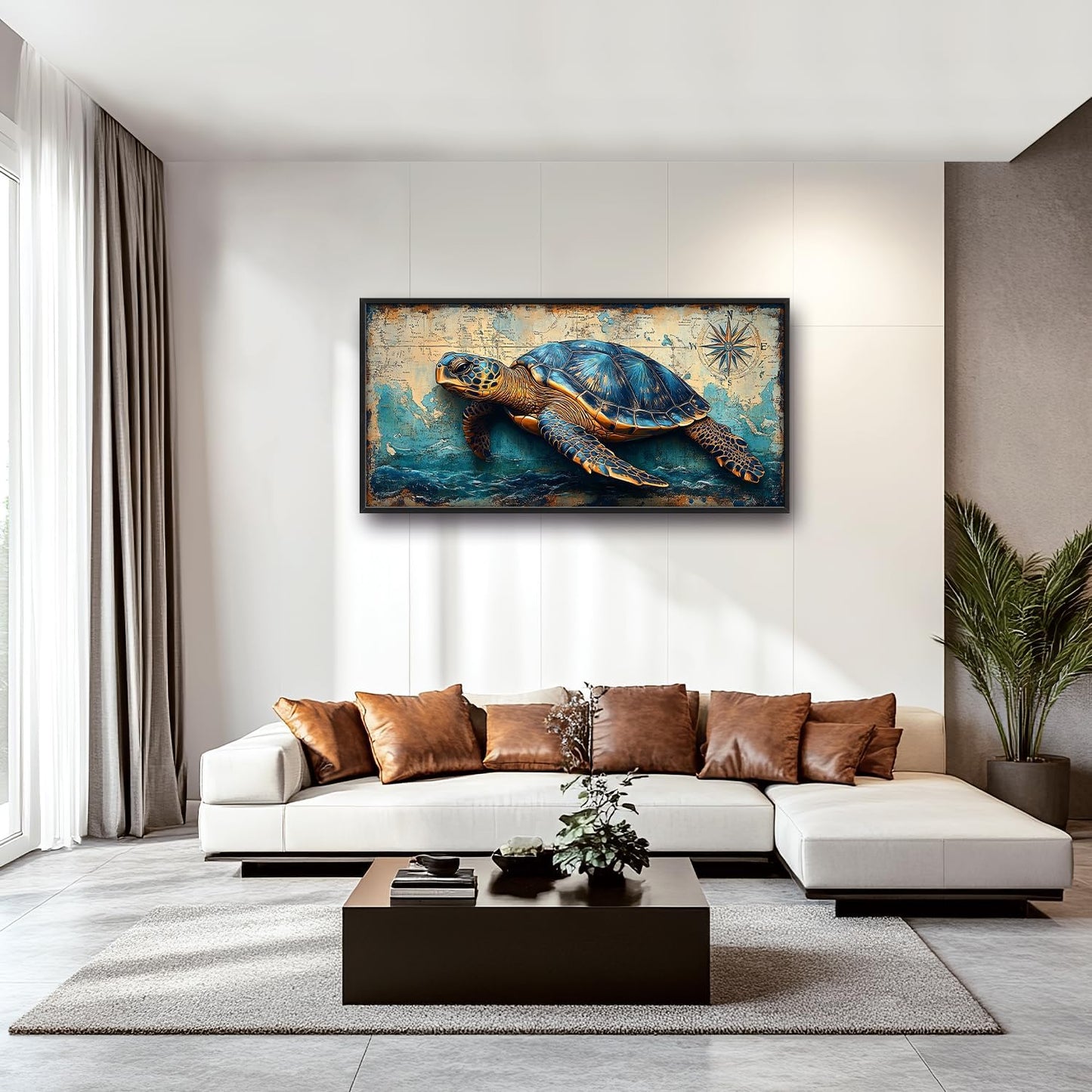 Large Nautical Turtle Wall Art for Living Room, Coastal Ocean Canvas Oversized Wall Decor, Beach Aesthetics Framed Pictures Painting Print Artwork for Bedroom Office 60L" x 30W"