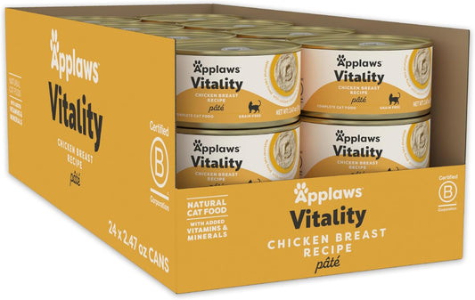 Applaws Vitality Wet Cat Food Paté, Natural Canned Cat Food, Wet Food for Cats with Added Vitamins and Minerals, Grain Free, Carrageenan Free, Chicken Breast Recipe (24 Count, 2.47 oz Cans)