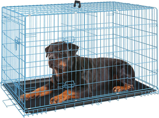 FDW Dog Crate for Large Dogs 42 Inch Folding Metal WirePet Cage Double Door W/Divider Panel Indoor Outdoor Kennel Leak-Proof Plastic Tray,Blue