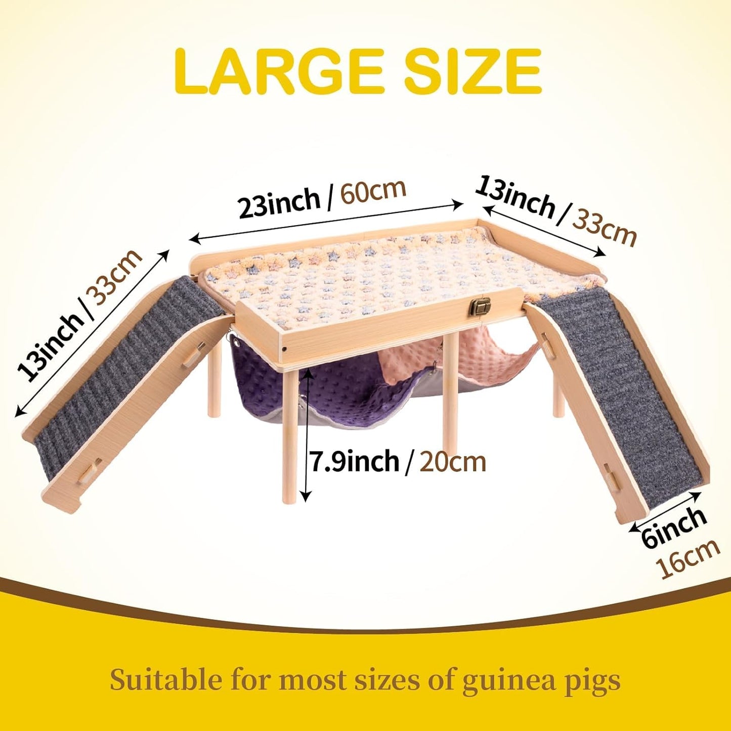Enlarged Guinea Pig Hammock with Platform and Stairs,Wooden Foldable Piggies Hideout for Guinea Pigs Bunny Ferret Hamster Hiding Sleeping Activities 24L x 12W x 11H in（Double）