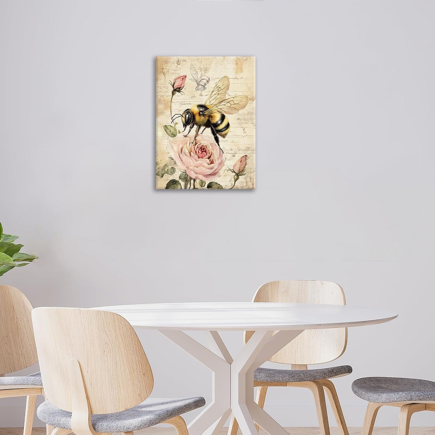 Rustic Bee Bathroom Pictures Wall Art, Vintage Floral Bathroom Wall Decor, Pink Rose Flower Framed Painting Canvas Artwork for Bedroom Living Room Decorations 16"L x 12"W