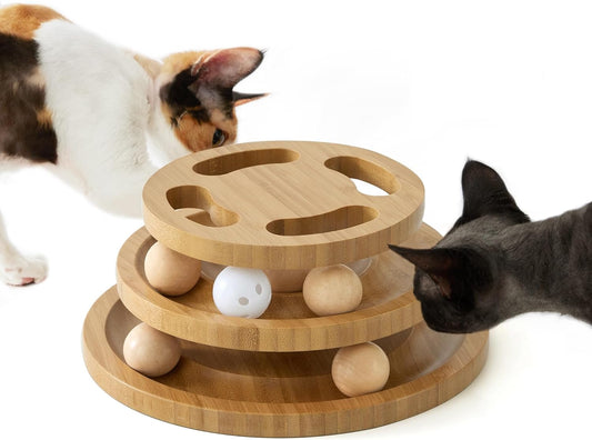 Cat Ball Track Toy with Puzzle Top, Wooden Cat Toys for Indoor Cats with Spinning Balls, Interactive Large Cat Ball Tower for Kitten Exercise Mental Physical
