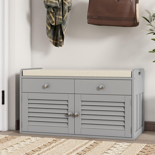 Shoe Storage Bench with 2 Drawers & 2 Doors, Entryway Bench with Cushion, 2 Adjustable Shelves, Shoe Cabinet for Entryway, Living Room, Hallway, Mudroom, Bedroom, Grey