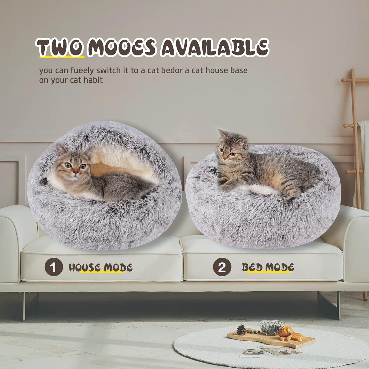 Cat Bed for Indoor Cats, Calming Cozy Cave with Self-Warming Plush, Entire Bed Machine Washable & Anti-Slip Base, Breathable Pet Bed for Small Cats&Dogs All Seasons (Khaki, 20 * 20inch)