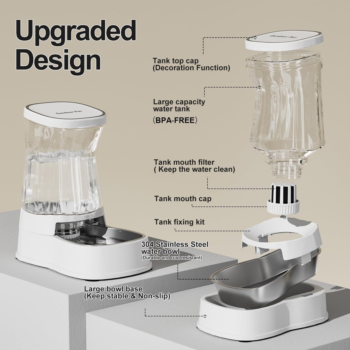 Gardner Pet Automatic Dog Water Dispenser Gravity Stainless Steel Water Waterer Feeder, 100% BPA-Free Large Capacity Water Feeding Bowls for Medium & Large-Sized Dogs Cats Other Pets -(1 Gallon)