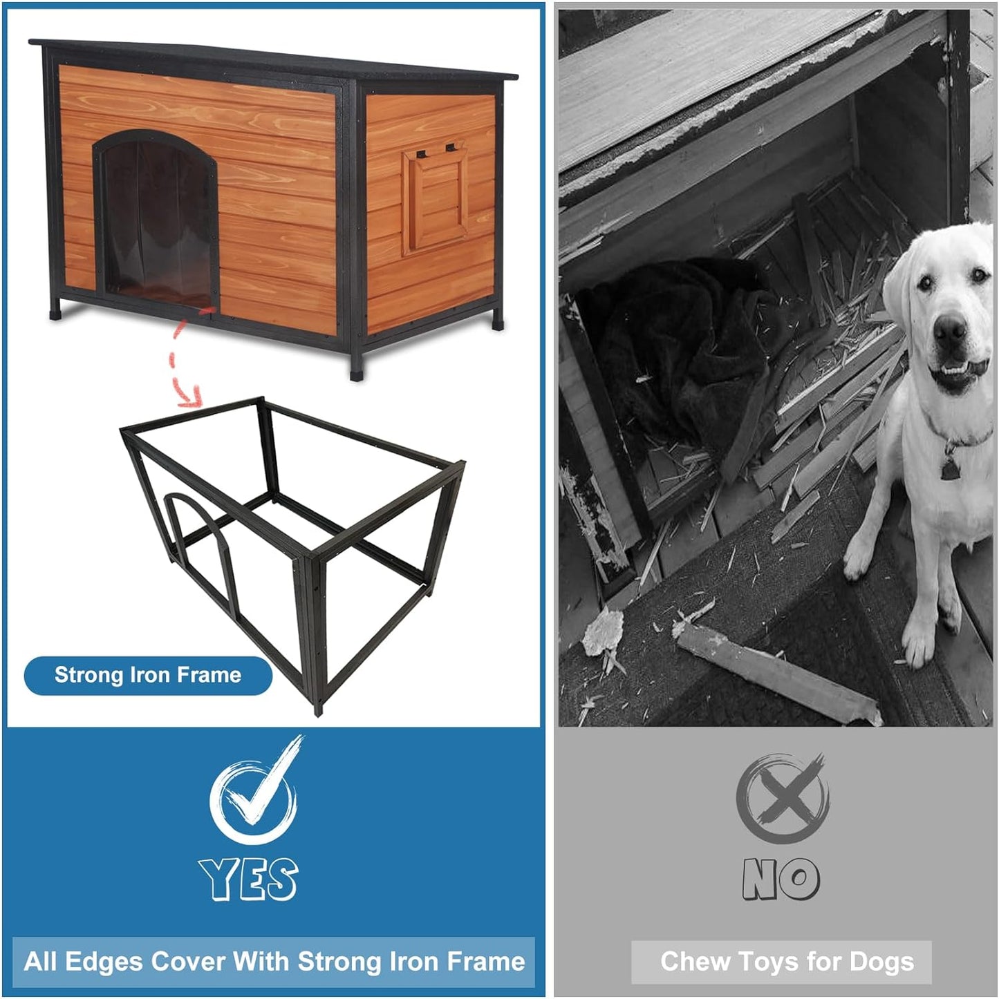 Dog House Outdoor Weatherproof 43.3" L Chew Proof Dog Kennel for Small Medium Large Dogs with Strong Metal Chew Proof Frame Raised Design