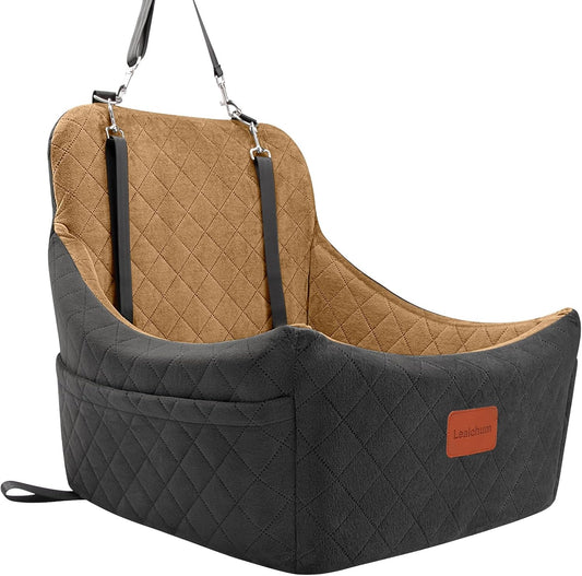 Dog Booster Car Seat for Up to 35lbs Pets,Easy to Install,Fully Detachable and Washable,Anti-Slip Base,Snug Puppy Car Seat with 2 Clip-On Leashes(Black/Coffee,Medium)