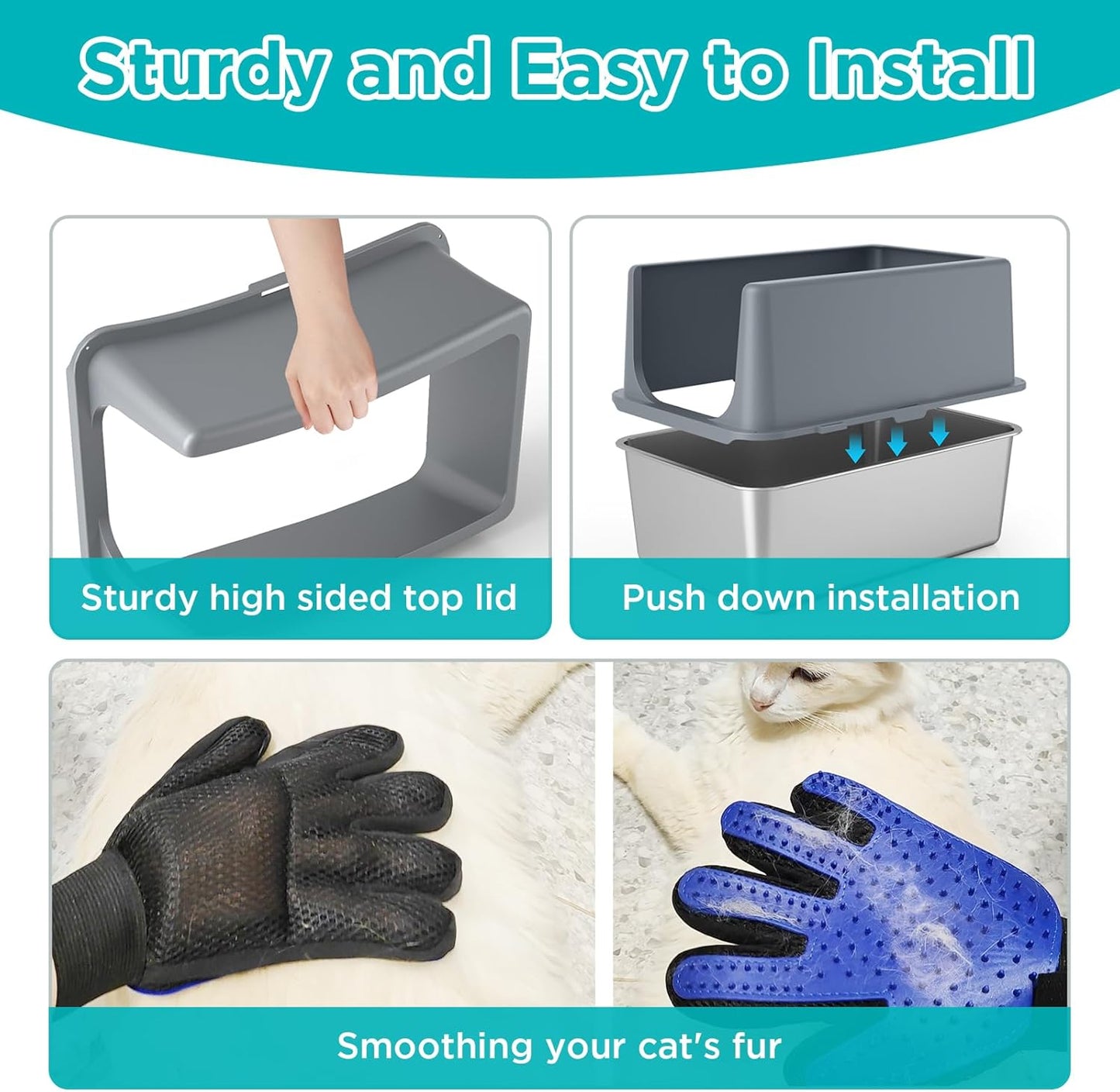 LIHONG Stainless Steel Litter Box with Lid, XL Metal Cat Box for Indoor Cats, Enclosure Cat Litter Pan for Large Cats, Non-Sticky Large Kitty Litter Box, Anti-Leakage, 23.5" X 15.5" X 16"