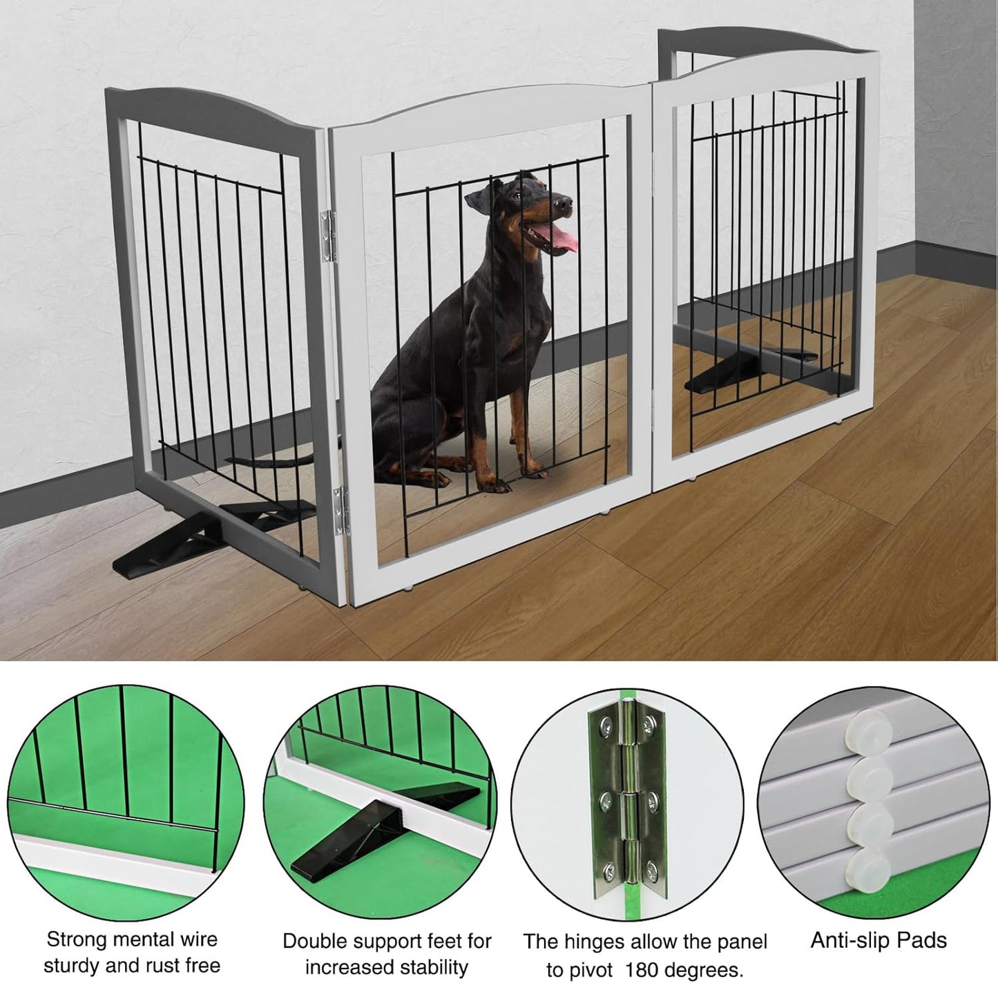 ZJSF Freestanding Dog Fence Indoor, Foldable Dog Gate for Doorways, Stairs or Hallways, Sturdy Wood Extra Wide Pet Gate with Support Feet for The House, Grey, 32 "Height-4 Panels