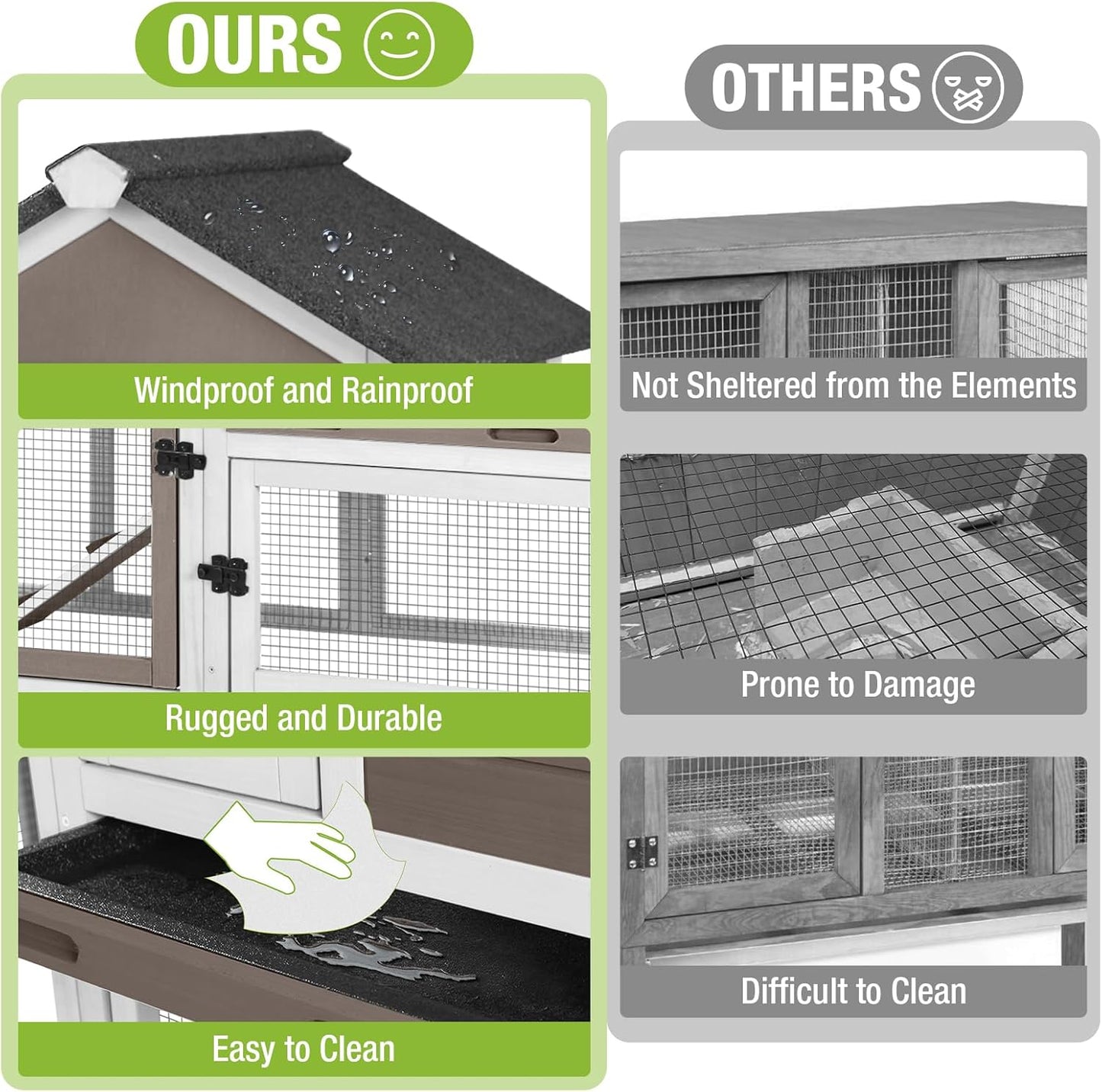 GUTINNEEN Rabbit Hutch Indoor Chicken Coop Outdoor, 51.6''L 2 Story Bunny Cage Weatherproof, Guinea Pig House with Run (Brown)