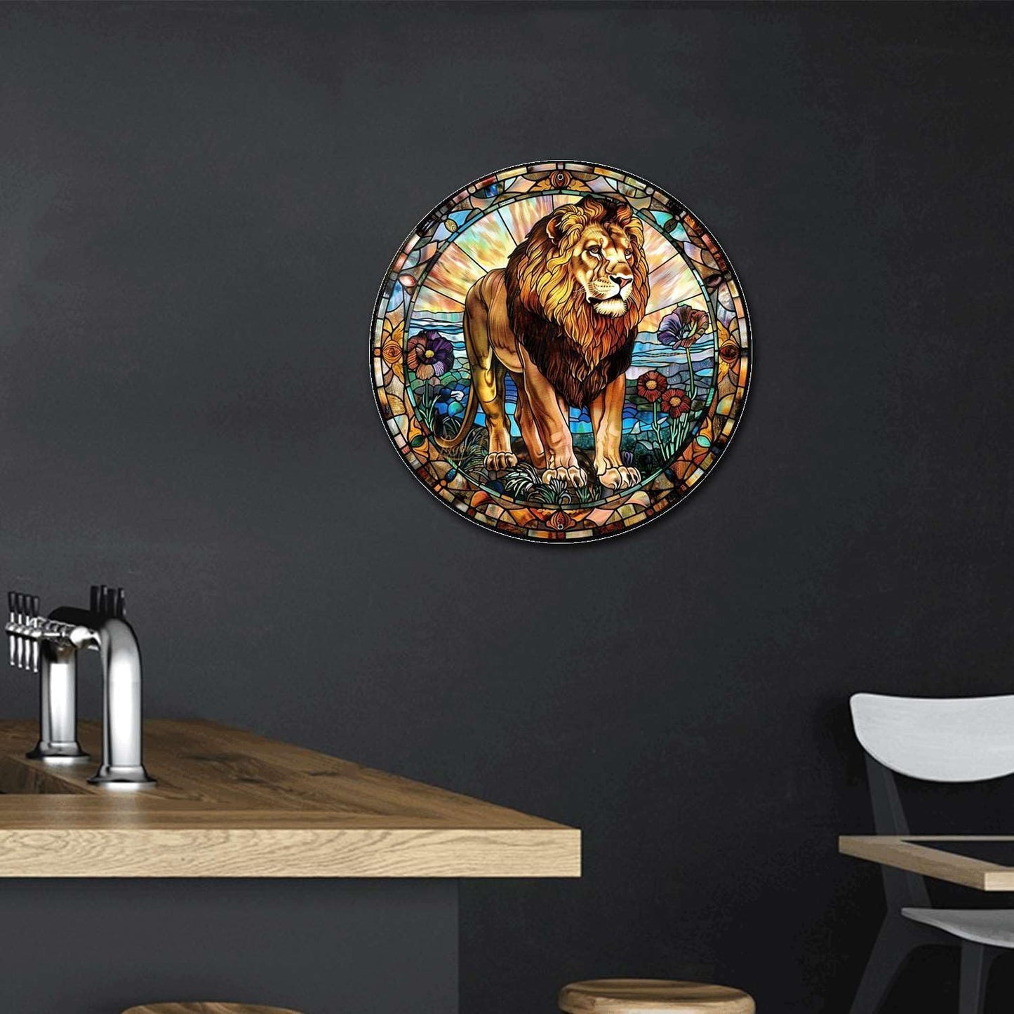Lygond Metal Sign Tin Sign Circular Stained Glass Lion Vintage Decor for Garden 8×8 Inches