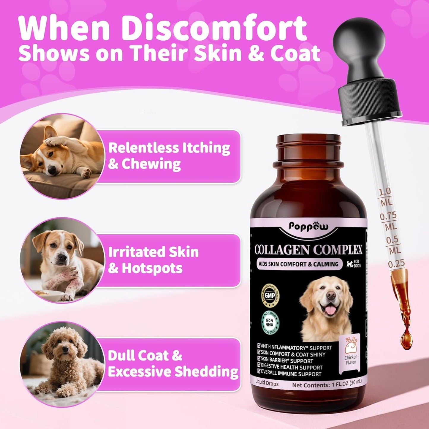 Liquid Collagen for Dogs Skin Comfort & Calming, Dog Itch Relief & Anti-Scratching & Coat Supplement with Biotin for Skin Barrier & Sensitive Immune Health Support - Chicken Flavor, 2 FL.Oz