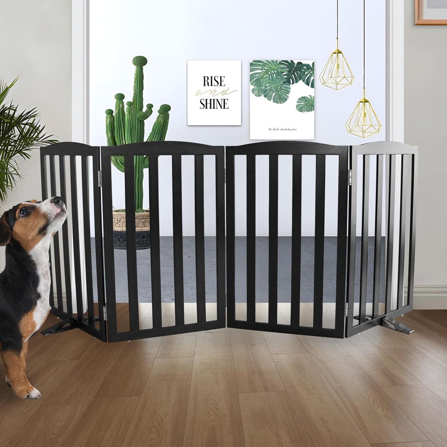 ZJSF Foldable Freestanding Indoor Dog Gate for House Wood Long Pet Gates Dog Fence for Stairs Puppy Gates for Hallways, Puppy Gate,Support Feet Included, Black, 32 "Height-4 Panels
