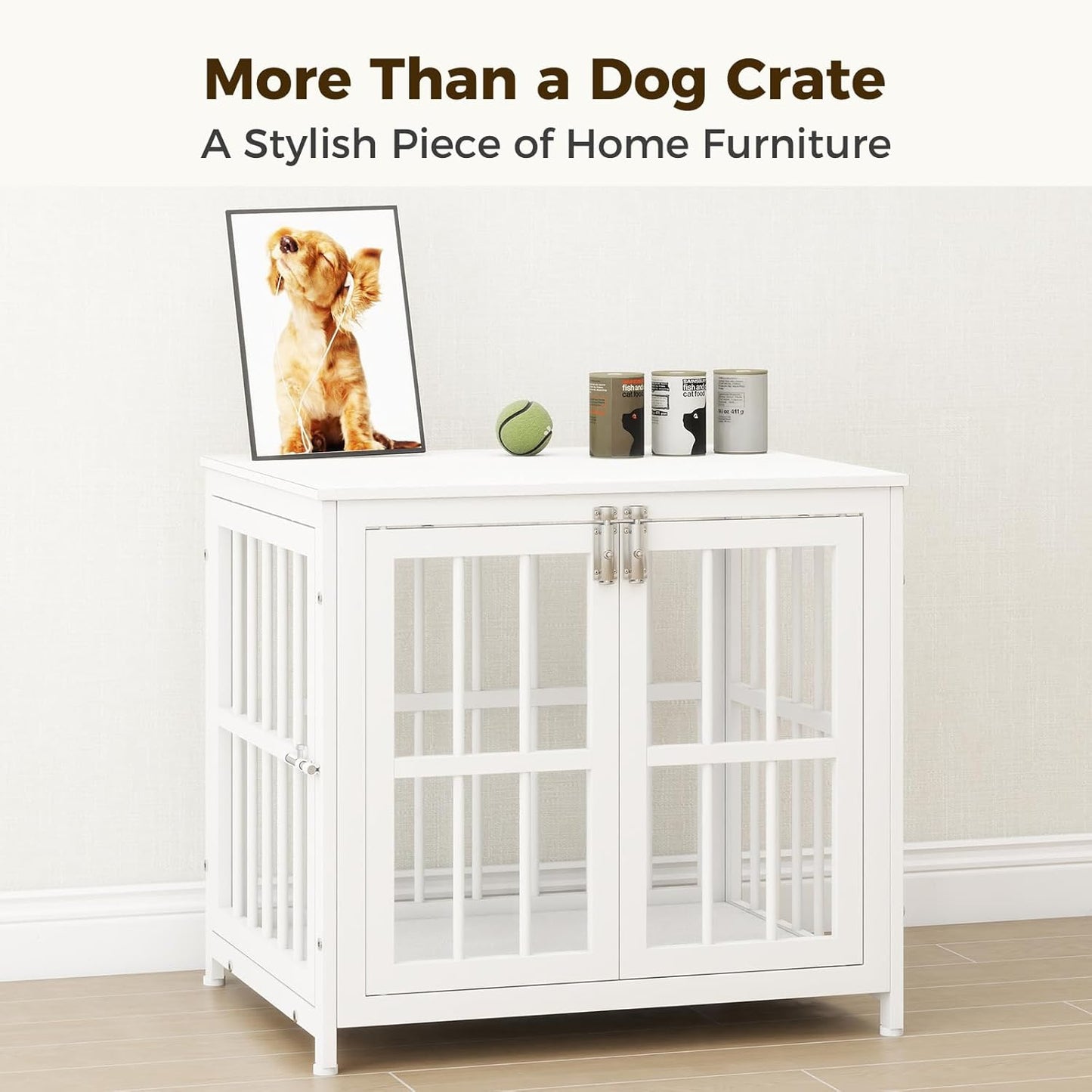 26 Inch Heavy Duty Wooden Dog Kennel End Table with Double Door Design and Secure Locks, Indoor Pet Crate Furniture for Small Dogs, Decorative Home Cage Design,White