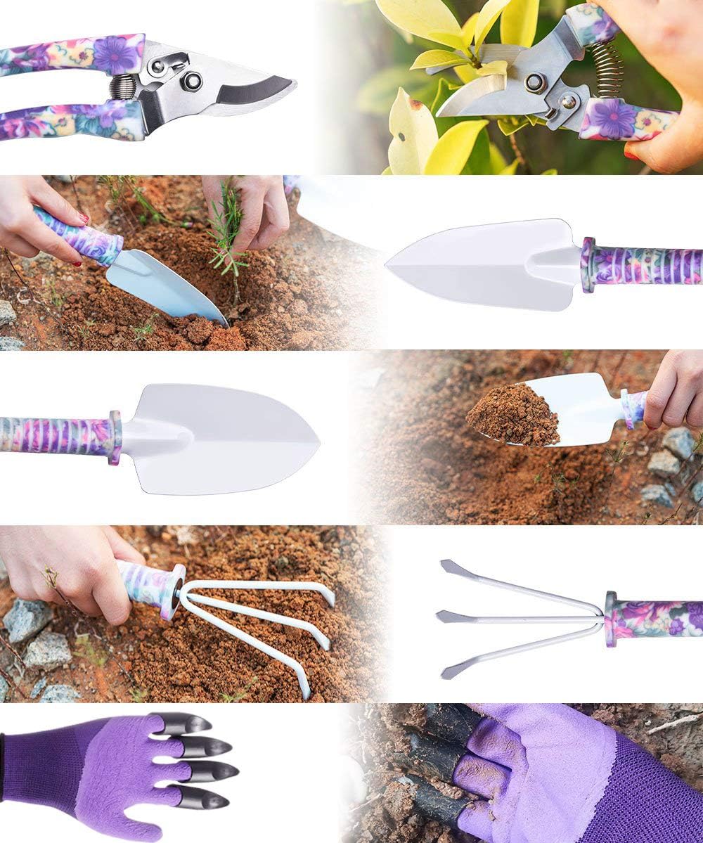 6 Pieces Garden Tools Set Planting Tools, Non-Slip Handle with Anti-Rust Trowel, Cultivator, Pruning Shear, Water Sprayer and Carrying Case, Gloves with Claws