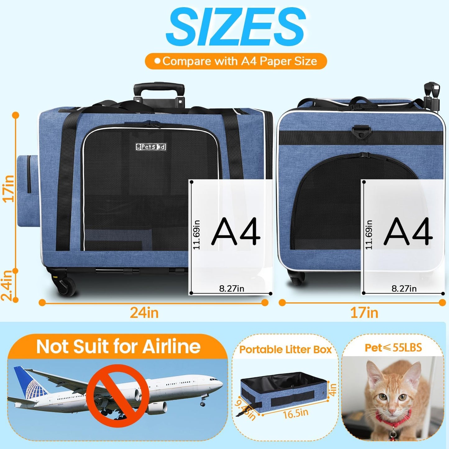 Petskd Extra Large Cat Carrier with Wheels and Litter Box 24"x17"x17" for Large Cat or 2 Small Cats, Collapsible Soft Sided Pet Carrier for Car Travel with Lockable Safety Zippers(Blue)