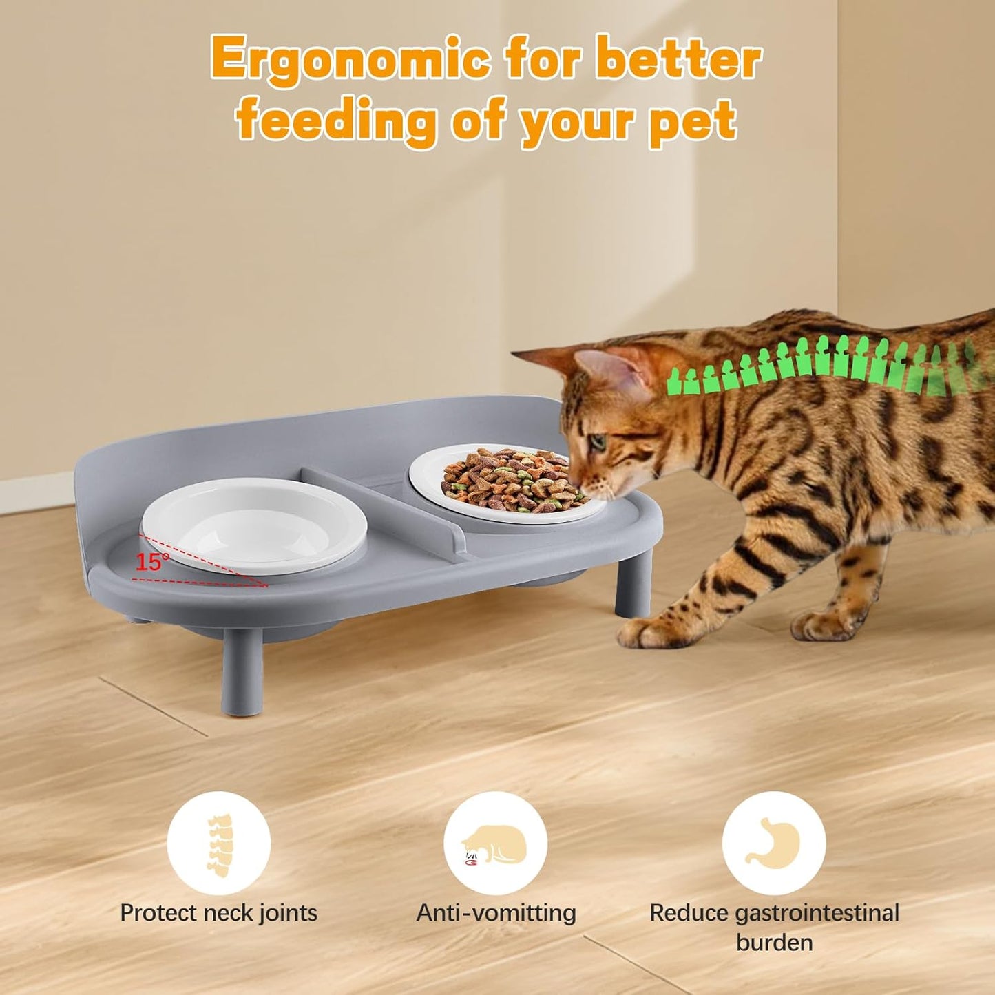 Elevated Cat Bowls, Tilted Rised Cat Food and Water Bowl with 2 Pcs Ceramic Pet Bowls, Rised Stand, Pet Dish Anti Vomiting Feeding Station for All Sized Cats & Small Dogs (Grey)