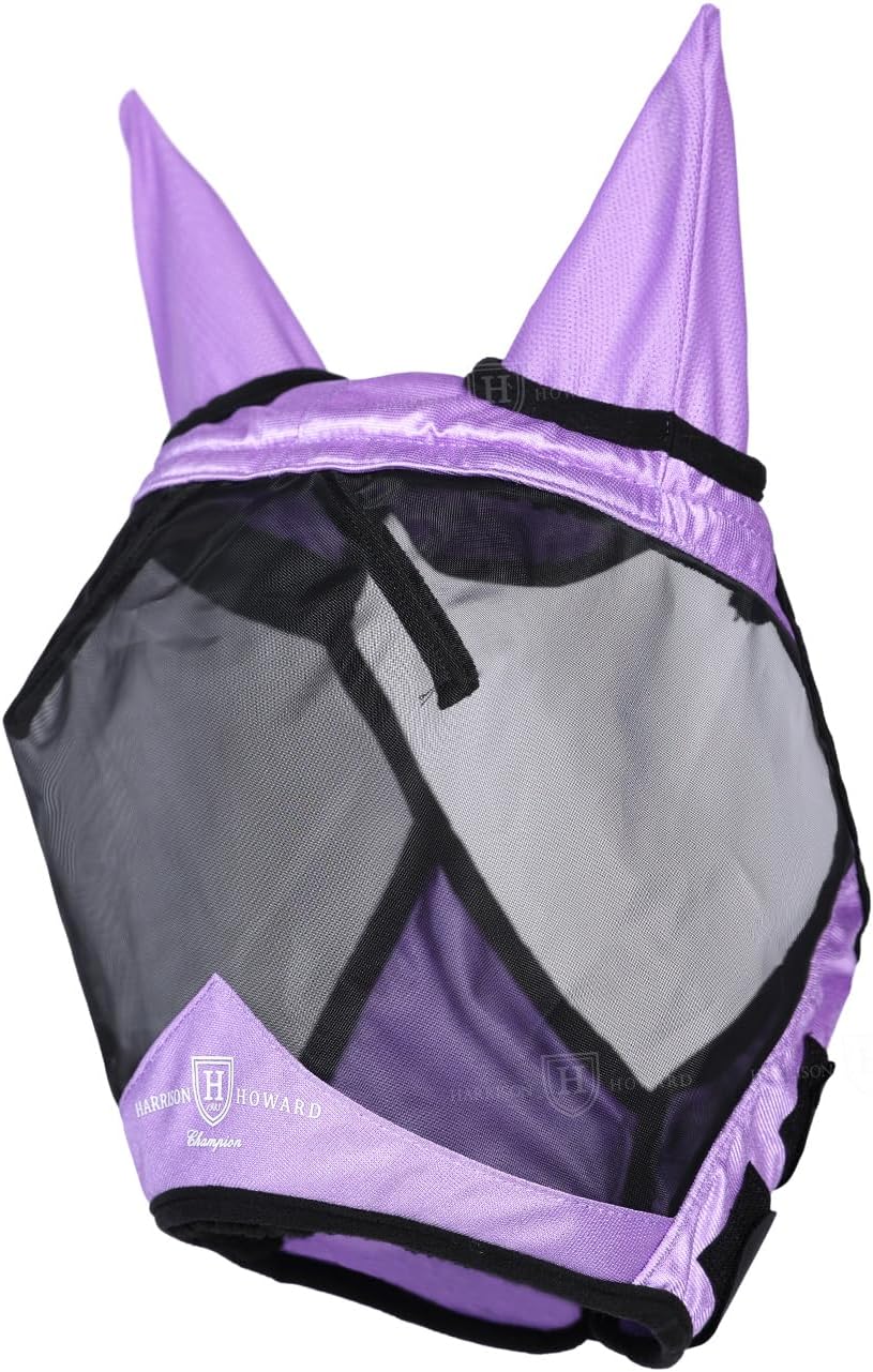 Harrison Howard Pro Luminous Horse Half Face Fly Mask Large Eye Space with Ears UV Protection for Horse Gentle Lavendar S
