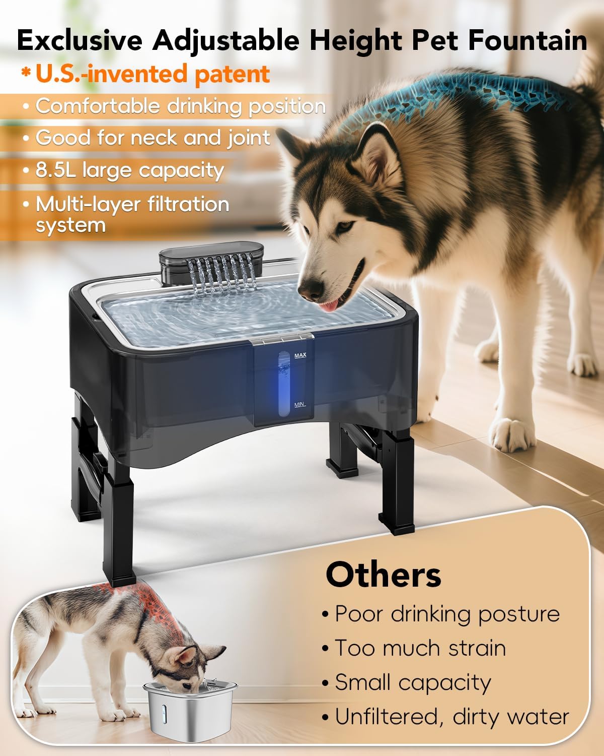 UPSKY 2.25Gal Elevated Dog Water Fountain, 4 Heights Adjustable Pet Fountain for All Dog Sizes, 304 Stainless Steel Tray Indoor Cat Drinking Dispenser with Ultra-Quiet Pump & 2 Replacement Filters