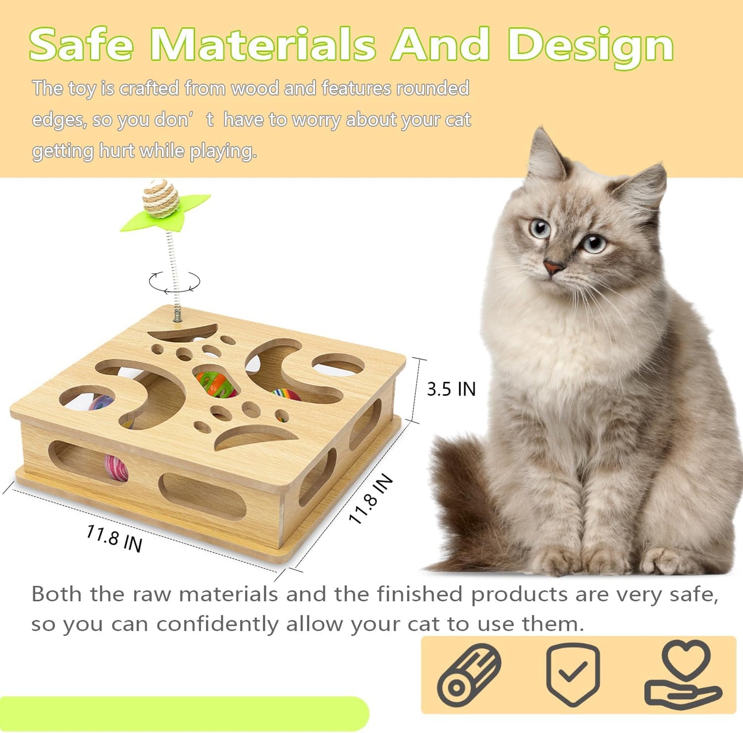 Interactive Wooden Cat Puzzle Toy Box Indoor Hunting Play Toy to Stimulate Your Cat’s Energy and Instincts (Burlywood)