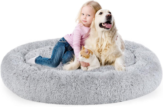 Dog Bed, Cat Calming Bed, Faux Fur Pillow Pet Donut Cuddler Round Plush Bed for Large Medium Small Dogs and Cats (Light Grey, 49.0" L x 38.0" W x 7.0" Th)