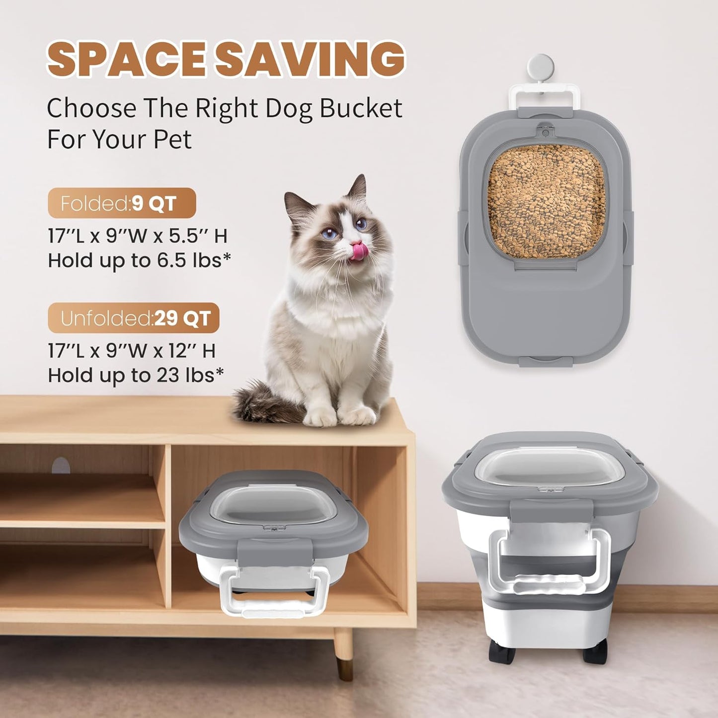 15-23 Lbs Airtight Dog Food Storage Container,Collapsible Dog Food Container with Lid,Wheels,Handle,Large Cat food storage Container with Scoop,Small Food Container for Dog Cat