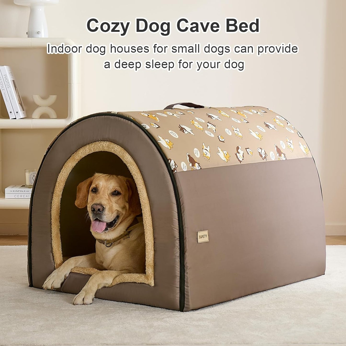 Jiupety 2 in 1 Dog House Indoor, Comfy Cave Bed Covered Dog Bed, Portable House for Large Dogs, 3XL(39"×32"×28"), Up to 90 Lb, Brown