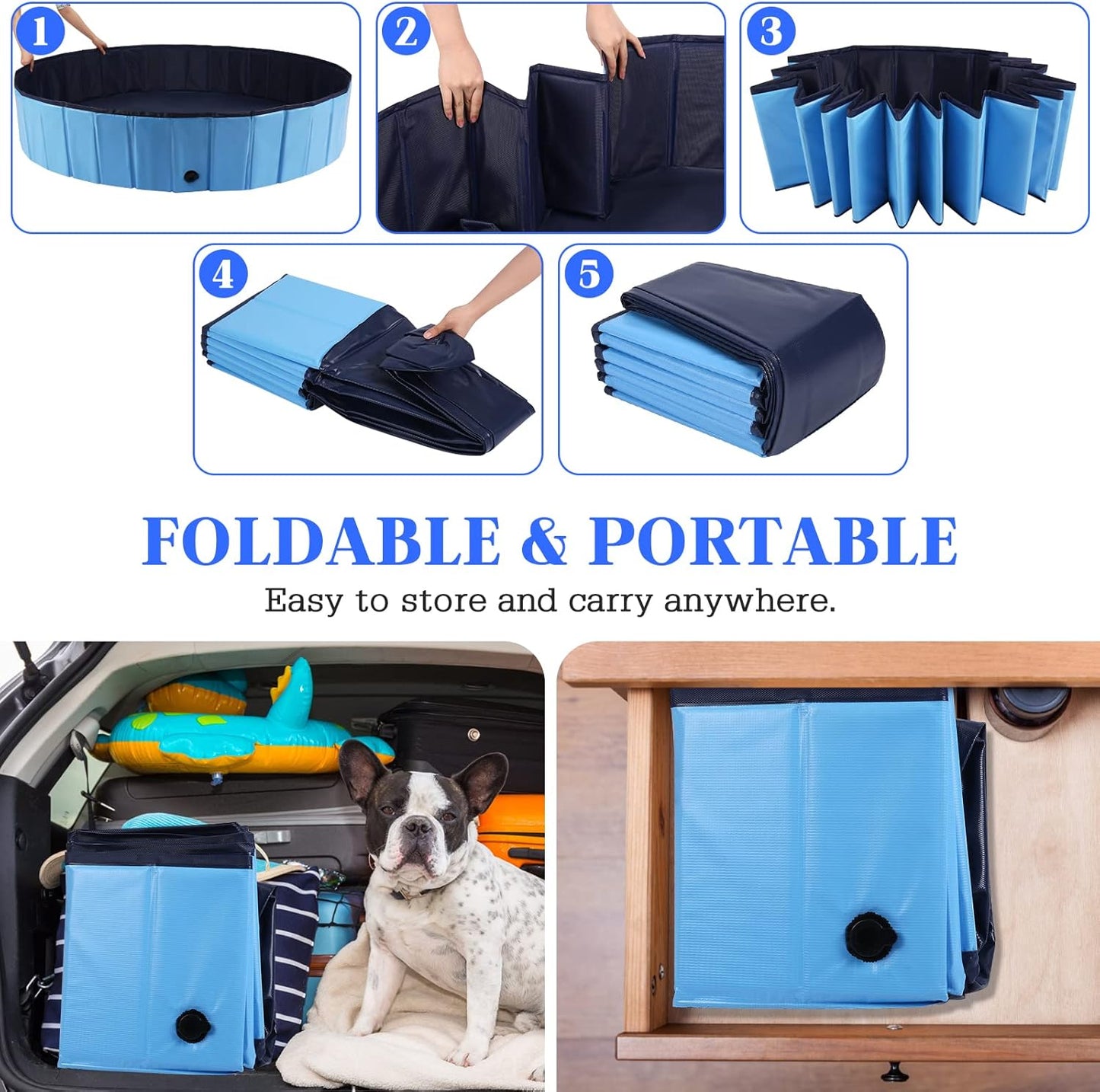 Foldable Dog Bath Swimming Pool Plastic Kiddie Pool Professional Tub Collapsible Grooming Bathtub for Pets Kids Baby and Toddler, 48 x 12 Inches Blue