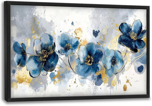 Extra Large Framed Abstract Blue Flower Wall Art,Oversized Golden Grey Floral Wall Decor Pictures for Living Room,Canvas Print Painting Modern Artwork Bedroom Office Bathroom Home Decor 36L" x 24W"