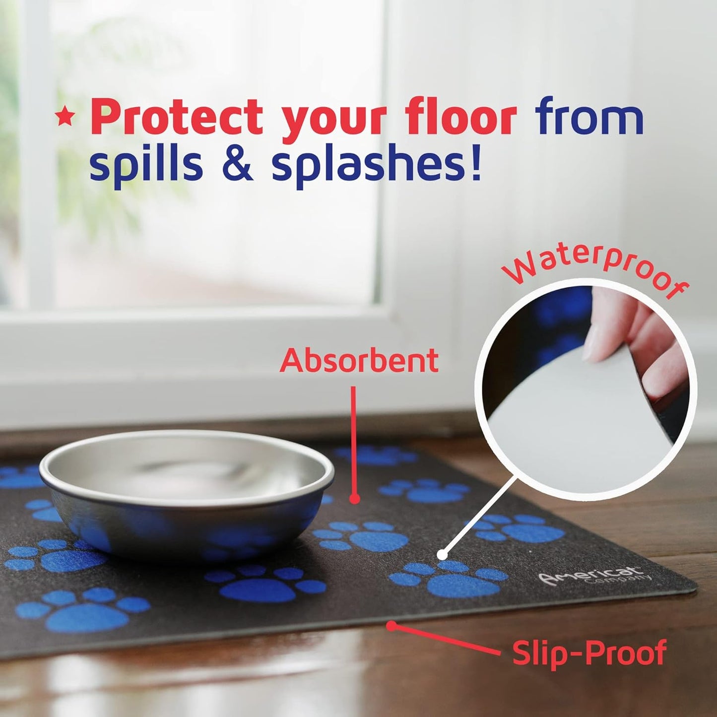 Americat Cat Feeding Mat Machine Washable, Waterproof, No-Slip Cat Placemat Protect Floors from Messy Eaters & Drinkers 16 x 12 Inches (Paw Prints)