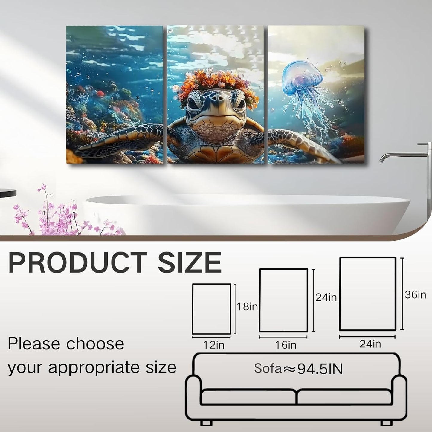 Wivsev Sea Turtle Canvas Wall Art,Under Sea Wall Art,Sea Life Pictures Wall Decor,Ocean Animal Painting for Bathroom,Living Room,Bedroom (24" x 36" x 3 pcs)