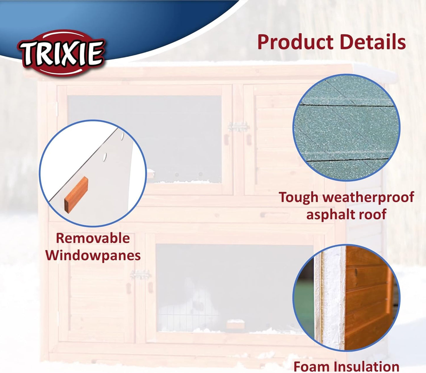 TRIXIE natura Insulated Rabbit Hutch, 2-Story Outdoor Bunny House, Small Animal Hutch with Ramp, Removable Window Panes, Ideal Shelter for Rabbits or Guinea Pigs, Brown